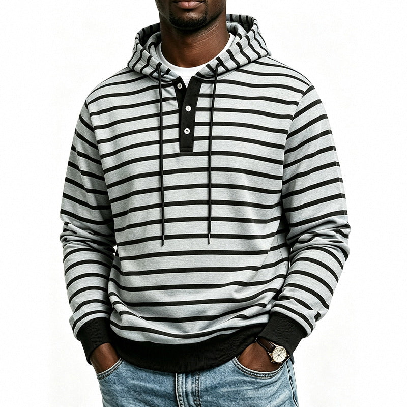 Herren Kapuzenpullover mit Henley-Knopfleiste und feinem Streifenstrukturmuster Shop Nory
