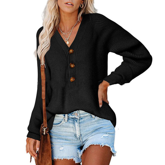 Damen Gerippter Strickpullover mit V‑Ausschnitt, Zierknopfleiste und Ballonärmeln Shop Nory