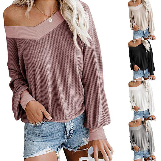 Damen Lockerer Waffelstrick-Pullover mit asymmetrischem Carmen-Ausschnitt und Ballonärmeln Shop Nory