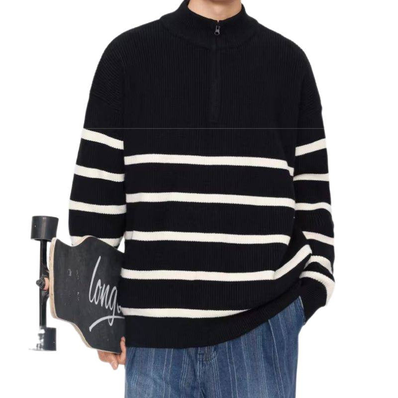 Unisex Oversize Strickpullover mit halbem Reißverschluss, maritimen Kontraststreifen und strukturierter Rippoptik Shop Nory