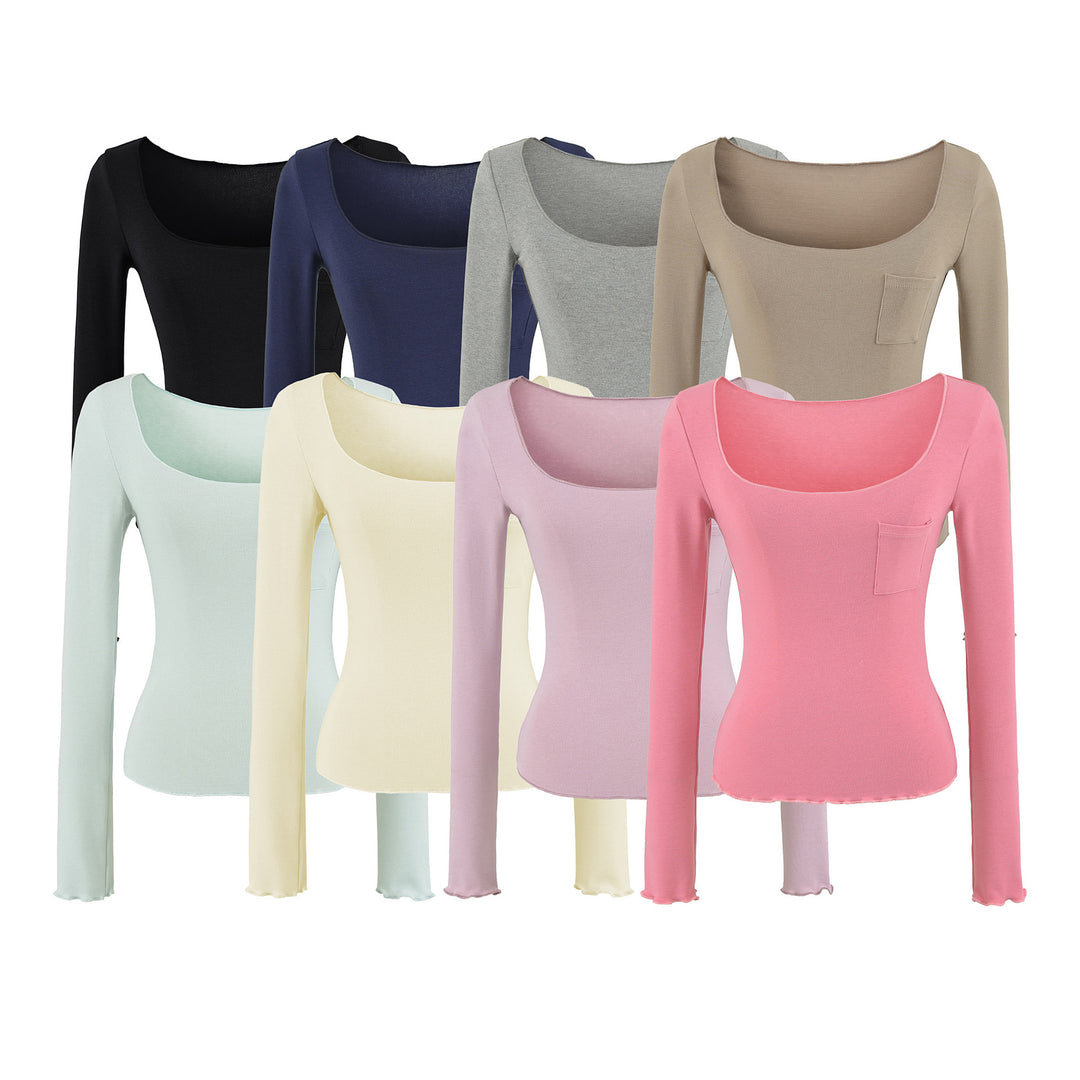 Damen Figurbetontes geripptes Langarmshirt mit weitem Quadrat-Ausschnitt und Brusttasche Shop Nory