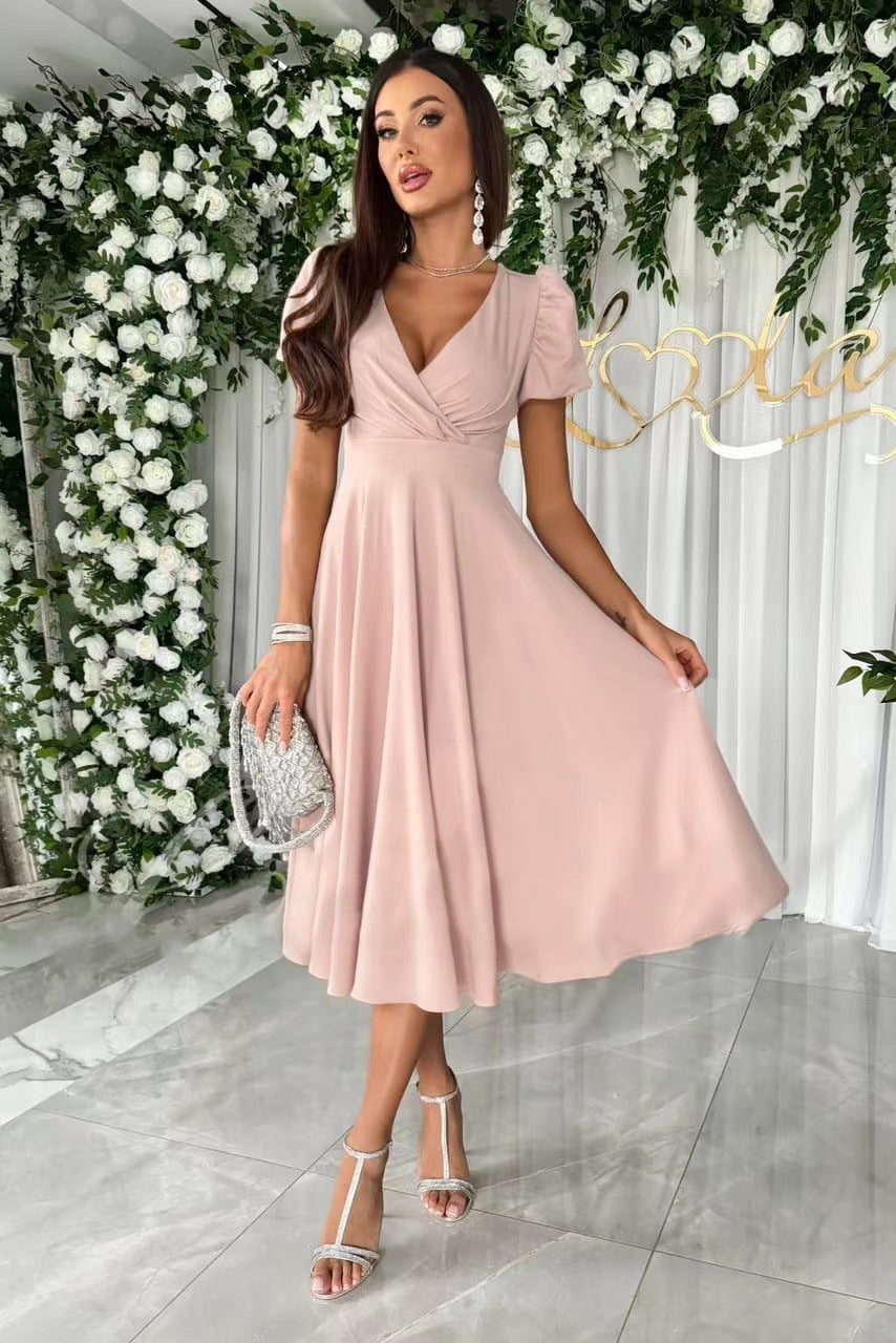 Damen A-Linie Kleid mit Puffärmeln und schmalem V-Ausschnitt