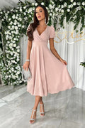 Damen A-Linie Kleid mit Puffärmeln und schmalem V-Ausschnitt