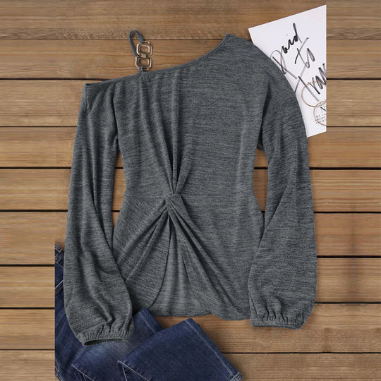 Damen asymmetrischer schulterfreier Strickpullover mit Zierkettenträger und vorn gedrehtem Knoten Shop Nory