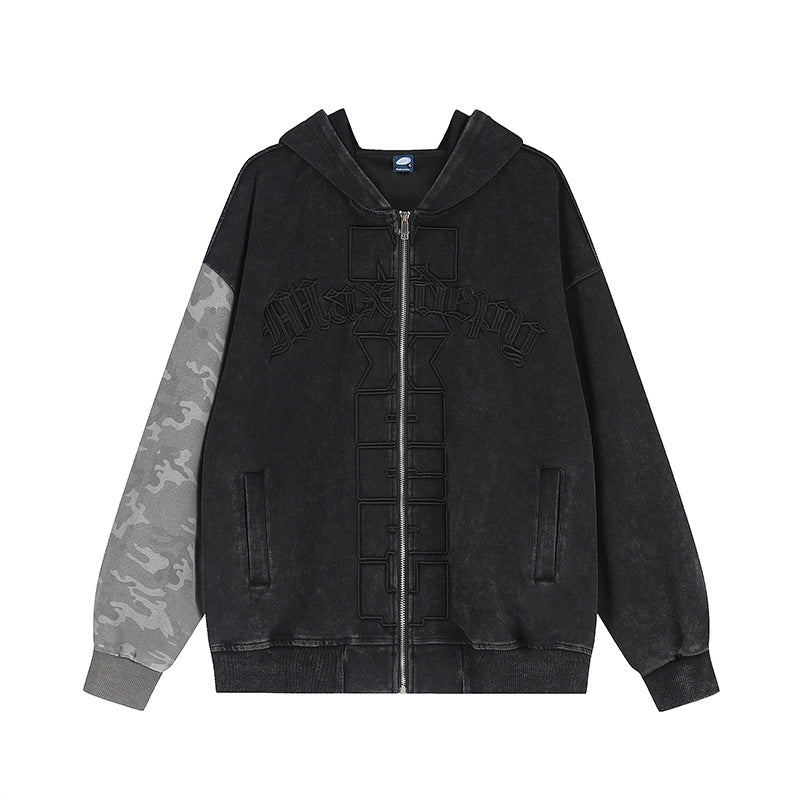 Unisex Oversize-Kapuzen-Zipjacke mit Camouflage-Ärmel, Washed‑Effekt und erhabener Frontstickerei Shop Nory