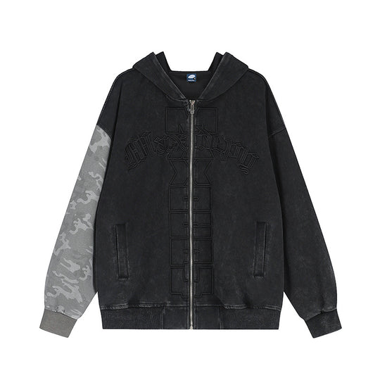 Unisex Oversize-Kapuzen-Zipjacke mit Camouflage-Ärmel, Washed‑Effekt und erhabener Frontstickerei Shop Nory