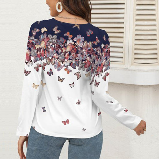 Damen Langarm-Bluse mit gehäkeltem V-Ausschnitt, Schmetterlings-Print & leichtem Fall Shop Nory