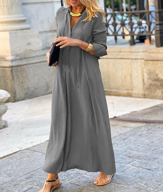 Damen Maxikleid mit V-Ausschnitt, Langärmelig, lockere A-Linien‑Silhouette und Kordelzug Shop Nory