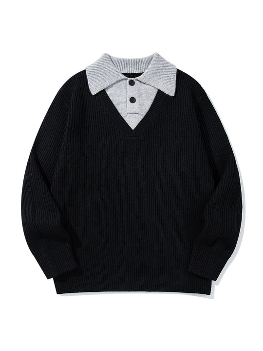 Herren Gerippter Strickpullover mit Polokragen‑Einsatz und tiefem V‑Ausschnitt Shop Nory