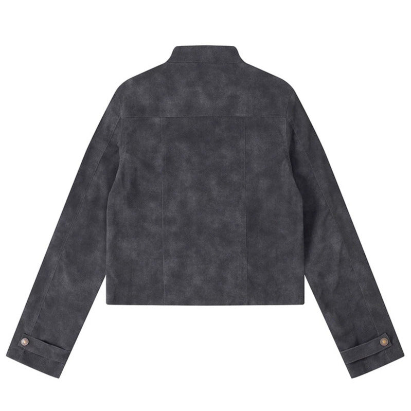 Damen Kurz geschnittene Bikerjacke aus Velours‑Optik mit Stehkragen und Brust‑Zipper Shop Nory
