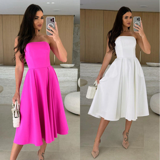 Damen A-linien Cocktailkleid mit trägerlosem Schnitt und schwingendem Rock