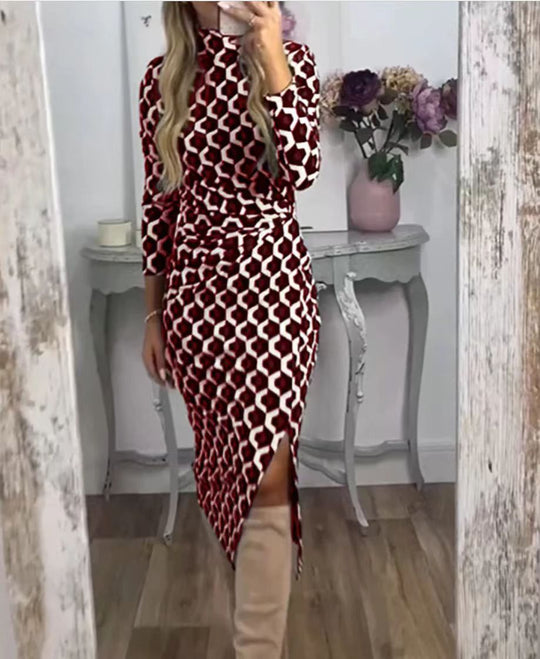 Damen Figurbetontes Midi-Kleid mit geometrischem Wabenmuster, Stehkragen und Seitenschlitz Shop Nory