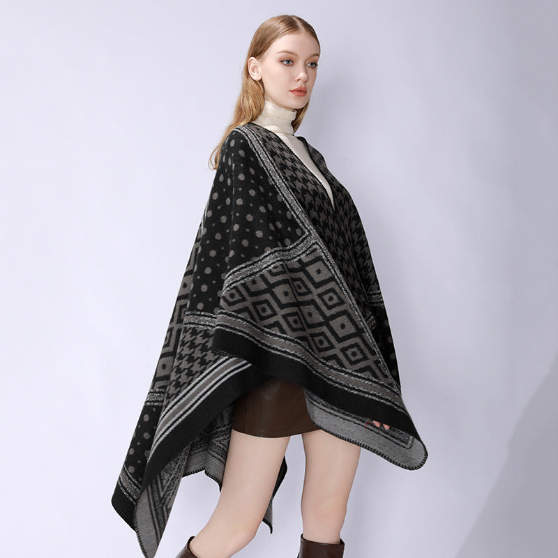 Damen Gewebter Jacquard‑Capeponcho mit Hahnentritt‑ und Ornamentmix Shop Nory