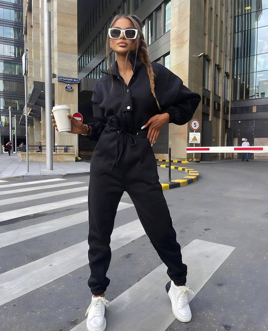 Damen taillierter Velours-Jumpsuit mit Tunnelzug Stehkragen und elastischen Bündchen Shop Nory