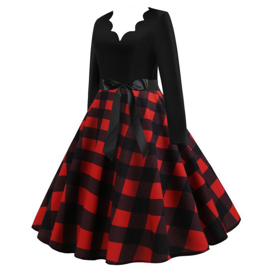 Damen Retro Swingkleid mit welligem V-Ausschnitt, tailliertem Satinbindegürtel und karierter Tellerrock Shop Nory
