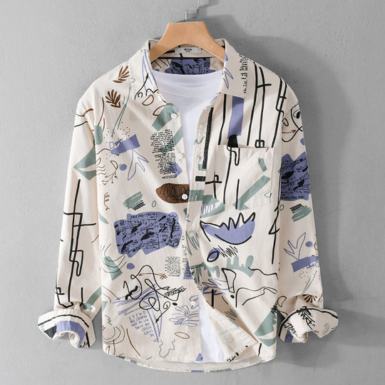 Herren Lockeres Hemdjacken-Overshirt mit abstraktem Skizzenprint, Brusttasche und weichem Baumwollgriff Shop Nory