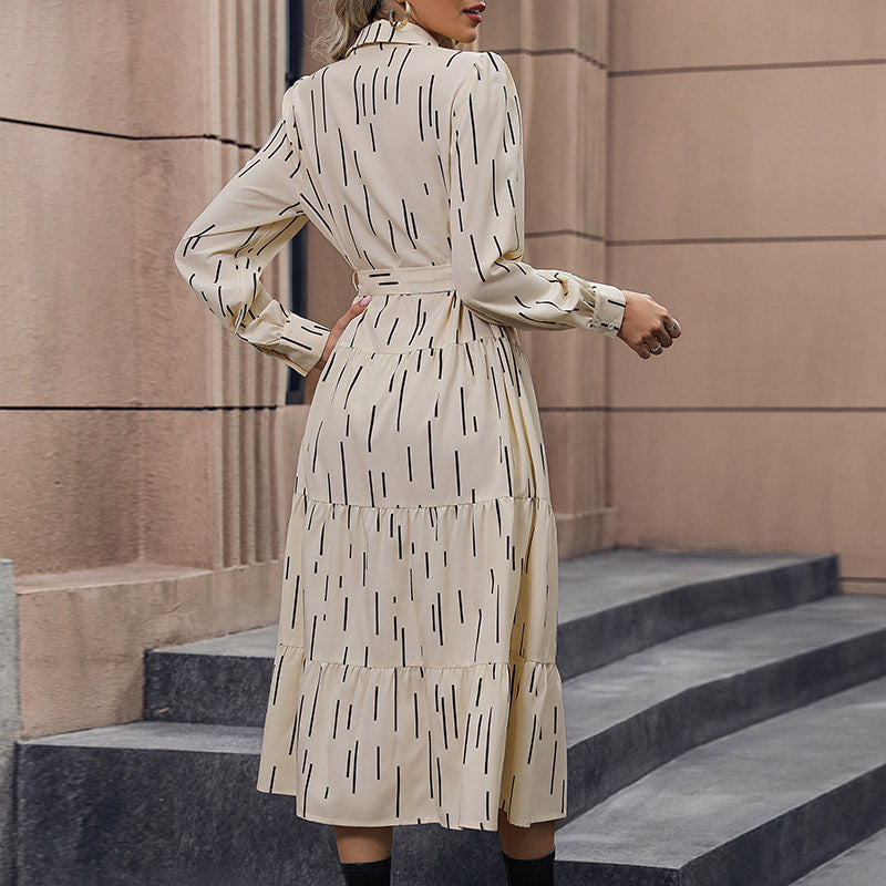 Damen Langärmeliges Hemdblusenkleid mit Stufenrock, Taillengürtel und Frontknopfleiste Shop Nory