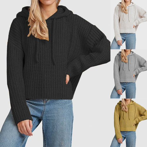 Damen Grobstrick-Kapuzenpullover mit Waffelstruktur, überschnittener Schulter und kurzem Saum Shop Nory
