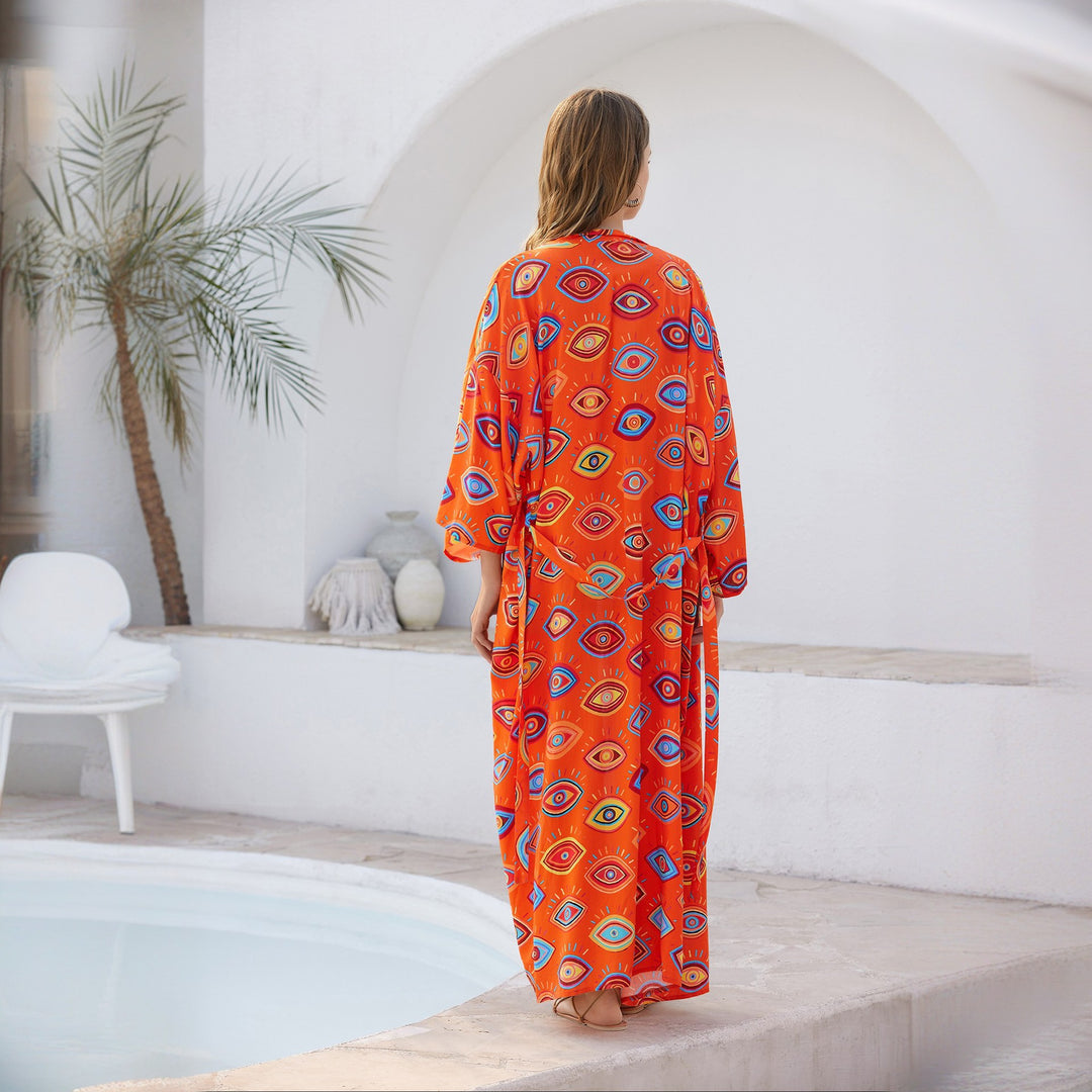 Damen Langer Kaftan‑Kimono mit Taillengürtel, V‑Ausschnitt & grafischem Augenprint Shop Nory