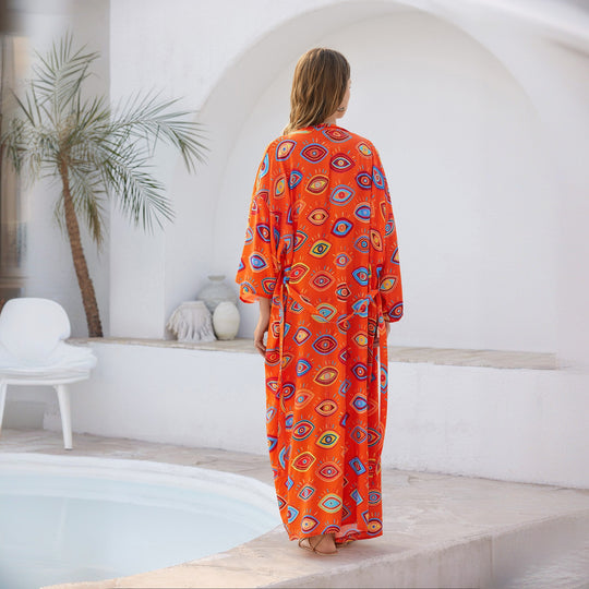 Damen Langer Kaftan‑Kimono mit Taillengürtel, V‑Ausschnitt & grafischem Augenprint Shop Nory