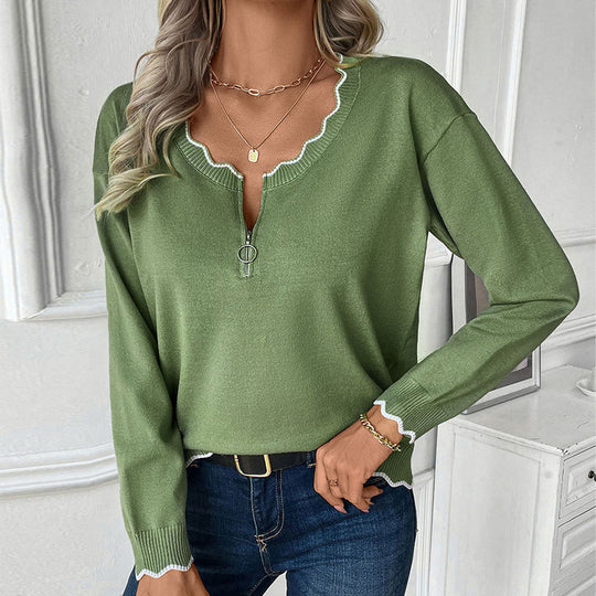 Damen Feinstrick-Pullover mit Reißverschluss-Kragen und gewellter Kontrastkante Shop Nory