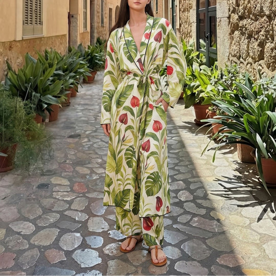 Damen Langer Kimono-Mantel mit Taillengürtel und weiter Palazzo-Hose im Tropenprint Shop Nory