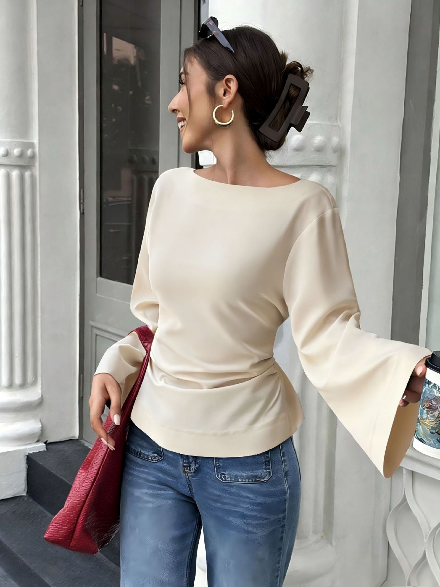 Damen elegantes Oberteil mit weitem Ärmel und schickem Bund