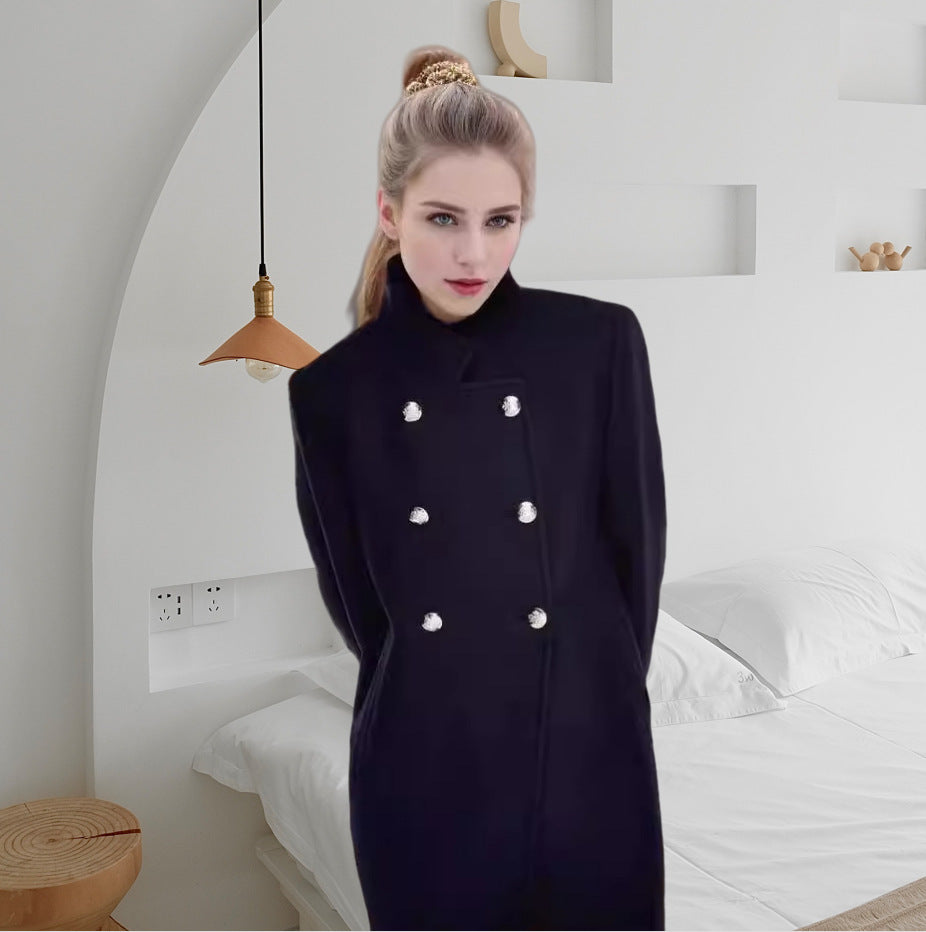 Damen Doppelreihiger Langmantel mit Stehkragen und Zierknöpfen Shop Nory