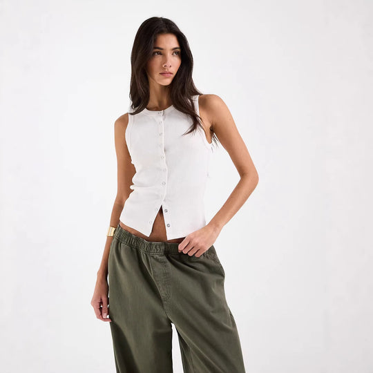 Damen Ärmelloses Rippenshirt mit durchgehender Knopfleiste