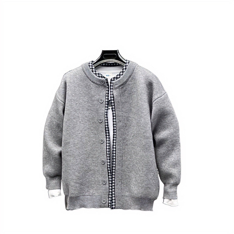 Unisex Lässige Strickjacke im Layering-Look mit Rundhals und Kontrast-Karoinnenschicht Shop Nory