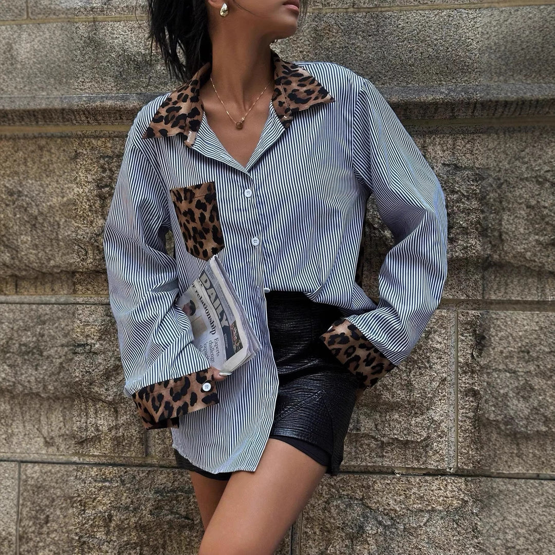 Damen Oversize-Hemdbluse mit Nadelstreifen und Leoprint-Details Shop Nory