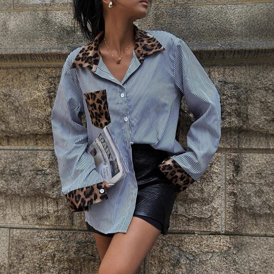 Damen Oversize-Hemdbluse mit Nadelstreifen und Leoprint-Details Shop Nory