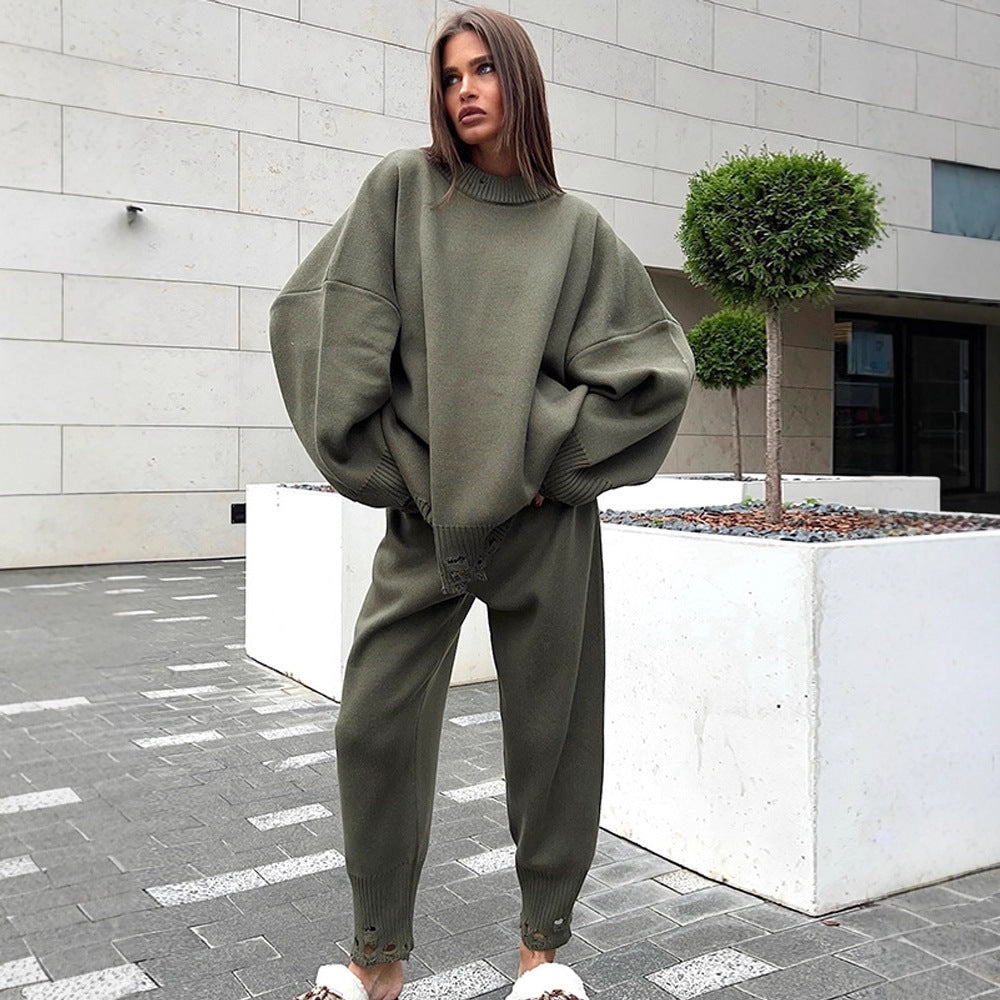 Damen Oversize-Strickset aus Feinstrick mit Destroyed-Saum, weitem Pullover und legerer Schlupfhose Shop Nory