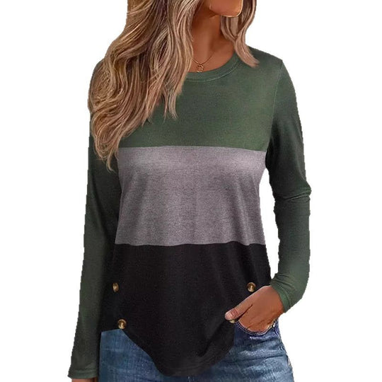 Damen Langarm-Colorblock-Shirt mit rundem Saum und seitlichem Knopfdetail Shop Nory