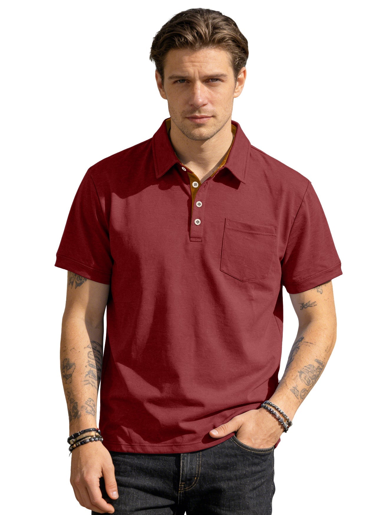 Herren nan Kurzarm-Polokragen-Shirt aus texturiertem Jersey mit Brusttasche und kontrastierter Knopfleiste