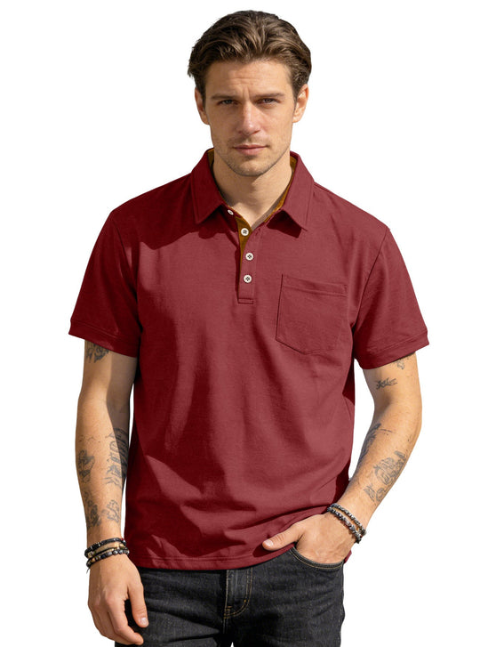 Herren nan Kurzarm-Polokragen-Shirt aus texturiertem Jersey mit Brusttasche und kontrastierter Knopfleiste