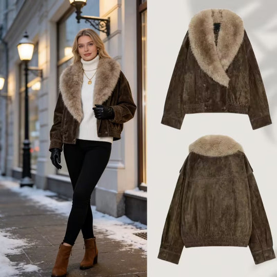 Damen Kurz geschnittene Wildlederjacke im Bomberstil mit luxuriösem Pelzkragen Shop Nory