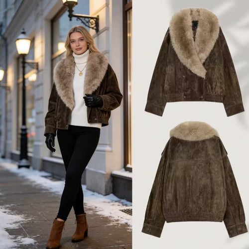 Damen Kurz geschnittene Wildlederjacke im Bomberstil mit luxuriösem Pelzkragen Shop Nory