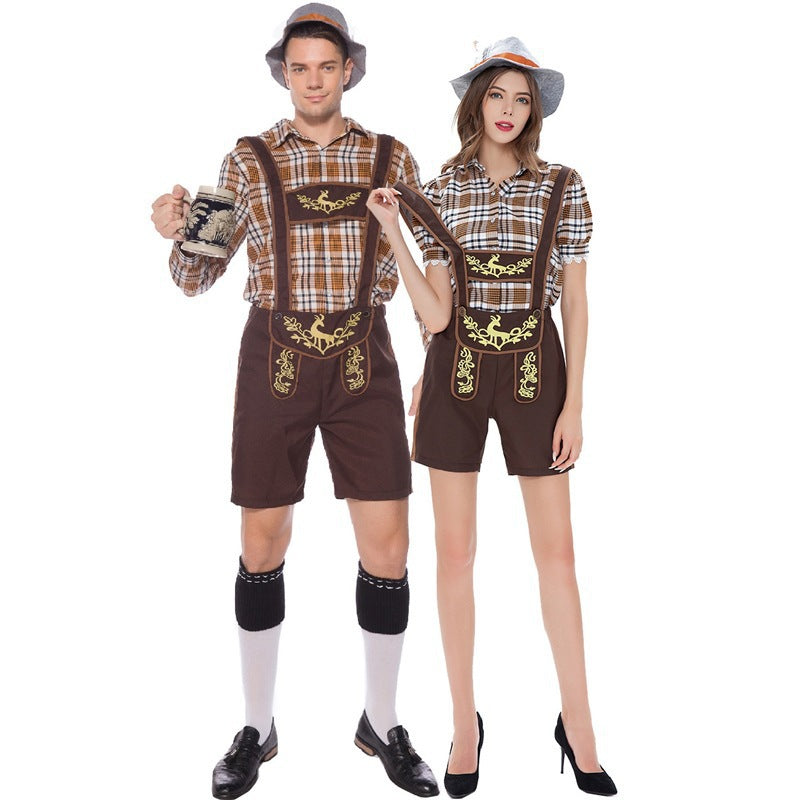 Damen nan kurze Trachten-Latzhose mit bestickten Trägern und kariertem Blusen-Set Shop Nory