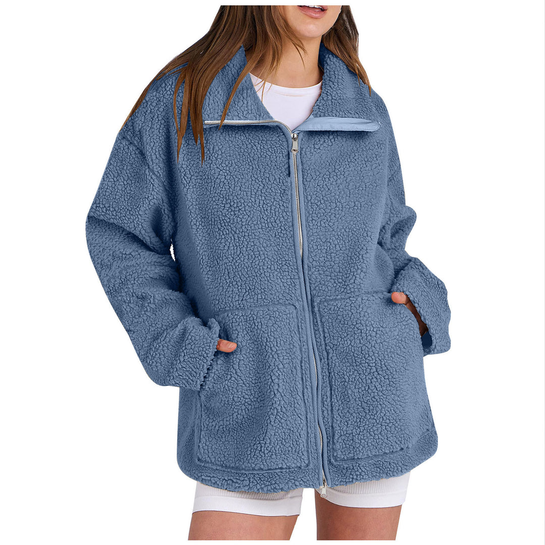 Damen nan oversized Teddyfelljacke mit Stehkragen Reißverschluss und aufgesetzten Taschen Shop Nory