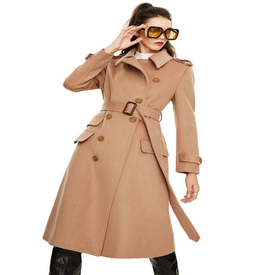 Damen taillierter A‑Linien Trenchcoat aus Woll‑Kaschmirmix mit Taillengürtel und Patten Shop Nory