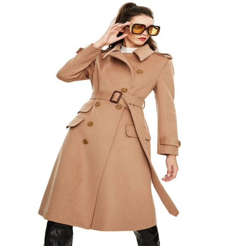 Damen taillierter A‑Linien Trenchcoat aus Woll‑Kaschmirmix mit Taillengürtel und Patten Shop Nory