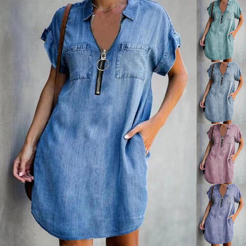 Damen Jeanshemdkleid mit praktischen Taschen und modernem Reißverschluss