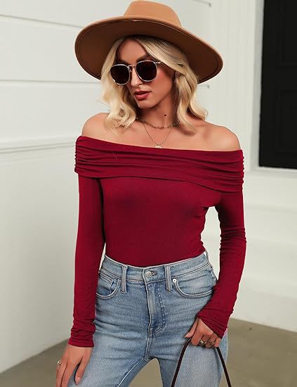 Damen Figurbetontes Schulterfreies Langarm Feinstrickshirt mit Carmenausschnitt Shop Nory