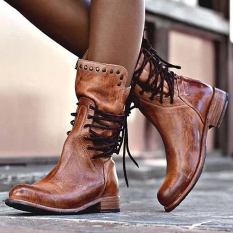 Damen Lederstiefel mit Schnürung und Nieten