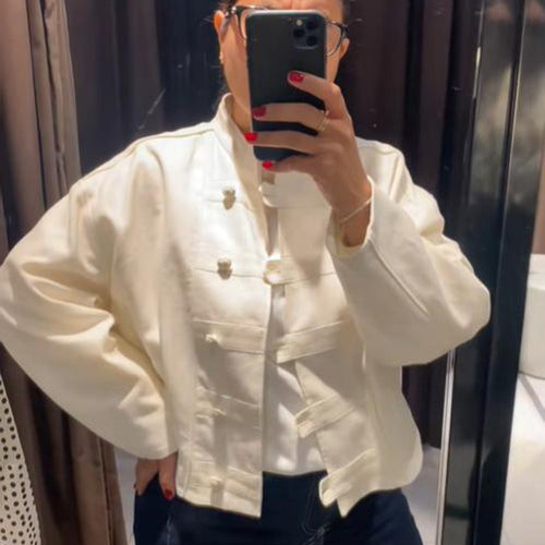 Damen Cropped-Boxy-Jacke mit chinesischem Stehkragen und Zierknopfleiste Shop Nory