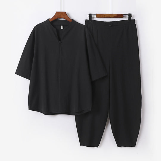 Herren Zweiteiliges Leichtes Leinen-Baumwoll-Set mit Mandarin-Kragen und elastischer Bundhose Shop Nory