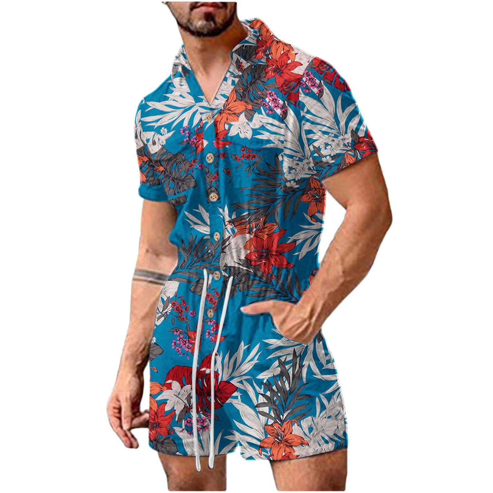 Herren Kurzoverall mit lShopnoryhaftem Blumenmuster Shopnory