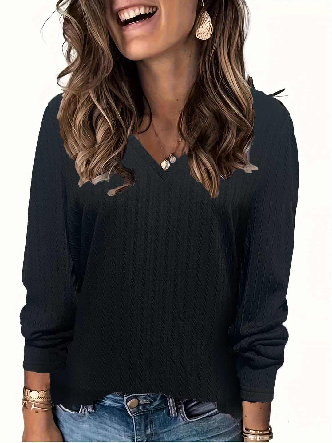 Damen Feinstrick-Langarmshirt mit V‑Ausschnitt und Zopfmuster Shop Nory