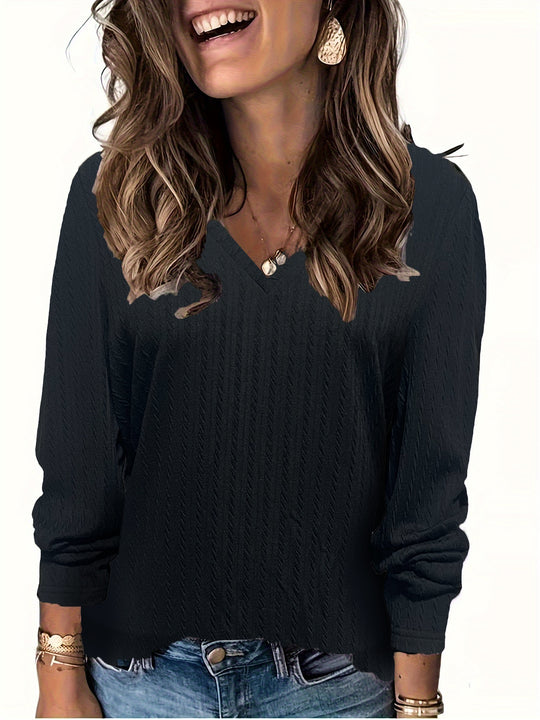 Damen Feinstrick-Langarmshirt mit V‑Ausschnitt und Zopfmuster Shop Nory
